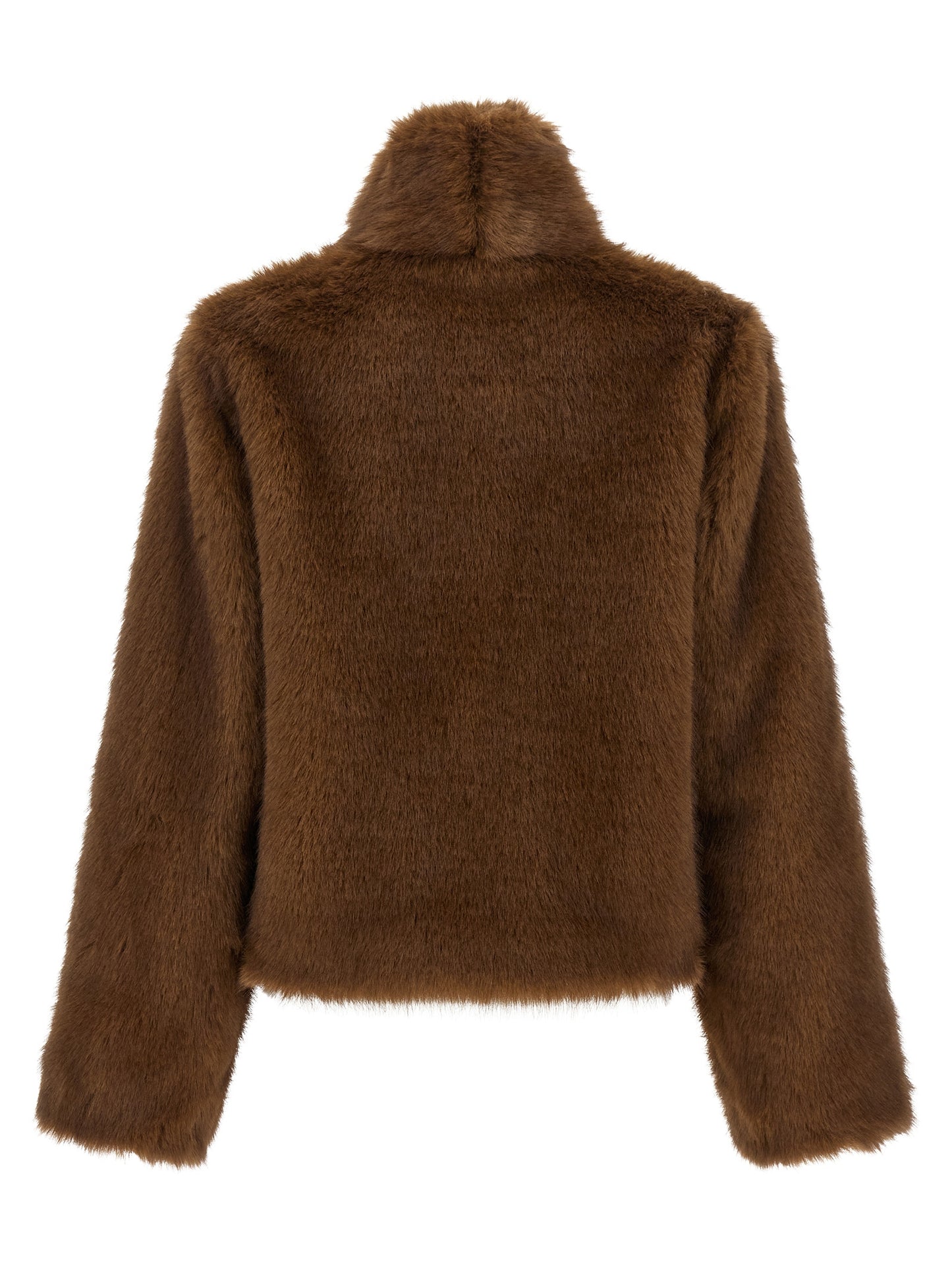 Overcoat by B&B COUTURE for women in polyester faux fur brown features a contemporary silhouette showcasing a contemporary wrap high-neck neckline and refined for a sophisticated finish.