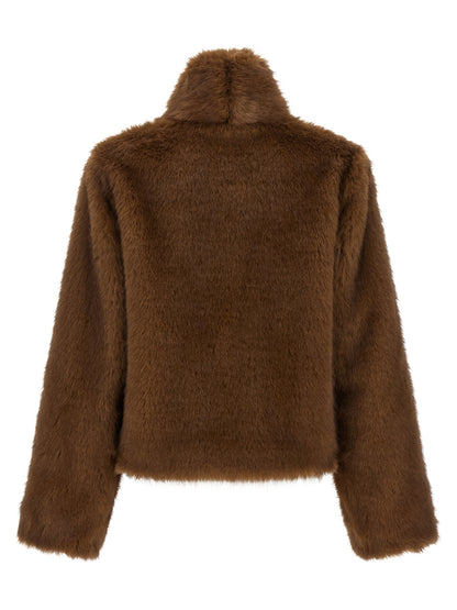 Overcoat by B&B COUTURE for women in polyester faux fur brown features a contemporary silhouette showcasing a contemporary wrap high-neck neckline and refined for a sophisticated finish.