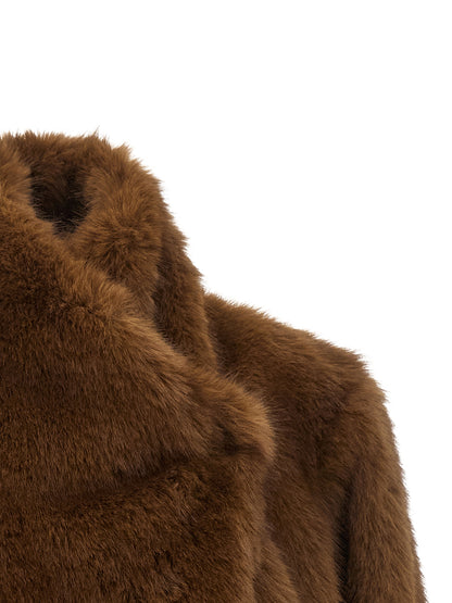 Overcoat by B&B COUTURE for women in polyester faux fur brown presents a luxurious silhouette, showcasing a luxurious wrap high-neck neckline and sophisticated for a premium, luxurious look.