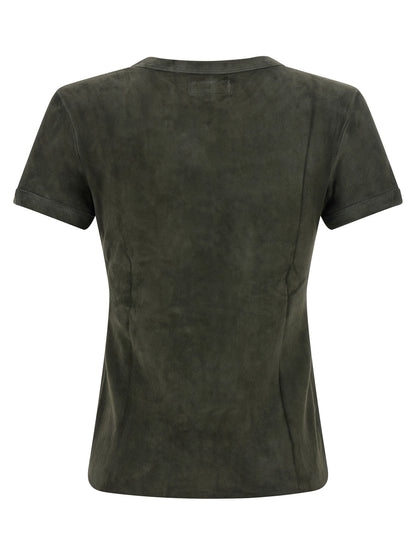 T-Shirt by STOULS for women in suede lambskin leather gray features an edgy silhouette, meticulously detailed with a sophisticated and crew neckline for a truly edgy finish.