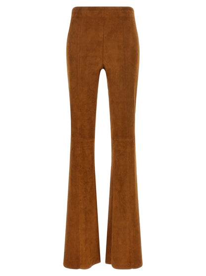 Trousers by STOULS for women in suede lambskin leather brown & natural presents a smart silhouette, meticulously detailed with a smart flared, a smart long, and a smart high rise.