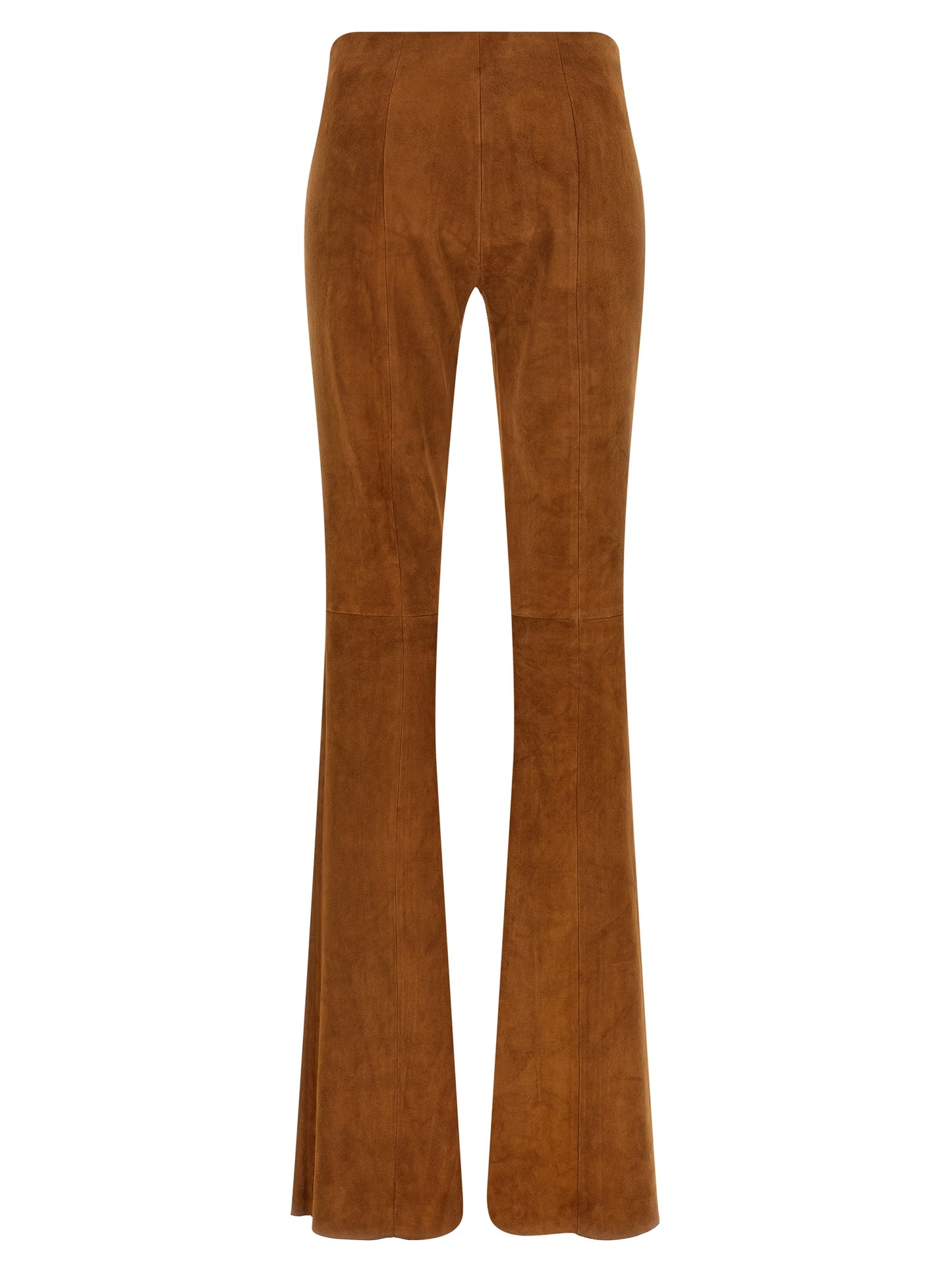 Trousers by STOULS for women in suede lambskin leather brown & natural features an sartorial silhouette, showcasing a precise flared and long with a sartorial high rise for a refined look.