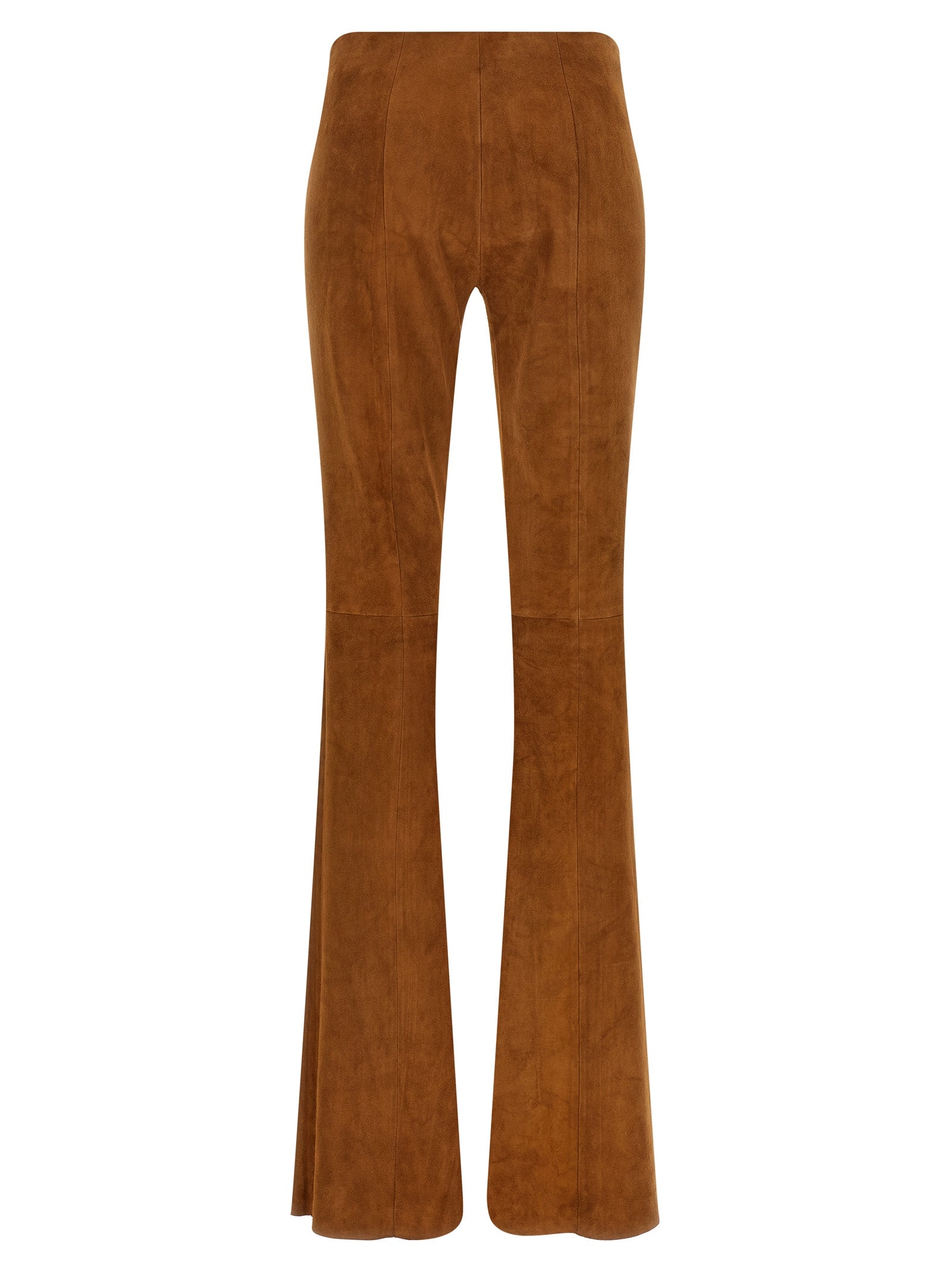 Trousers by STOULS for women in suede lambskin leather brown & natural features an sartorial silhouette, showcasing a precise flared and long with a sartorial high rise for a refined look.