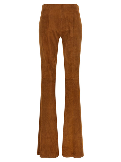 Trousers by STOULS for women in suede lambskin leather brown & natural features an sartorial silhouette, showcasing a precise flared and long with a sartorial high rise for a refined look.