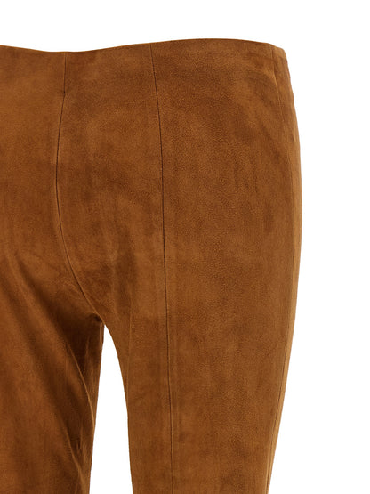 Trousers by STOULS for women in suede lambskin leather brown & natural features a artisanal silhouette, showcasing a sophisticated flared with a long and high rise for a artisanal finish.