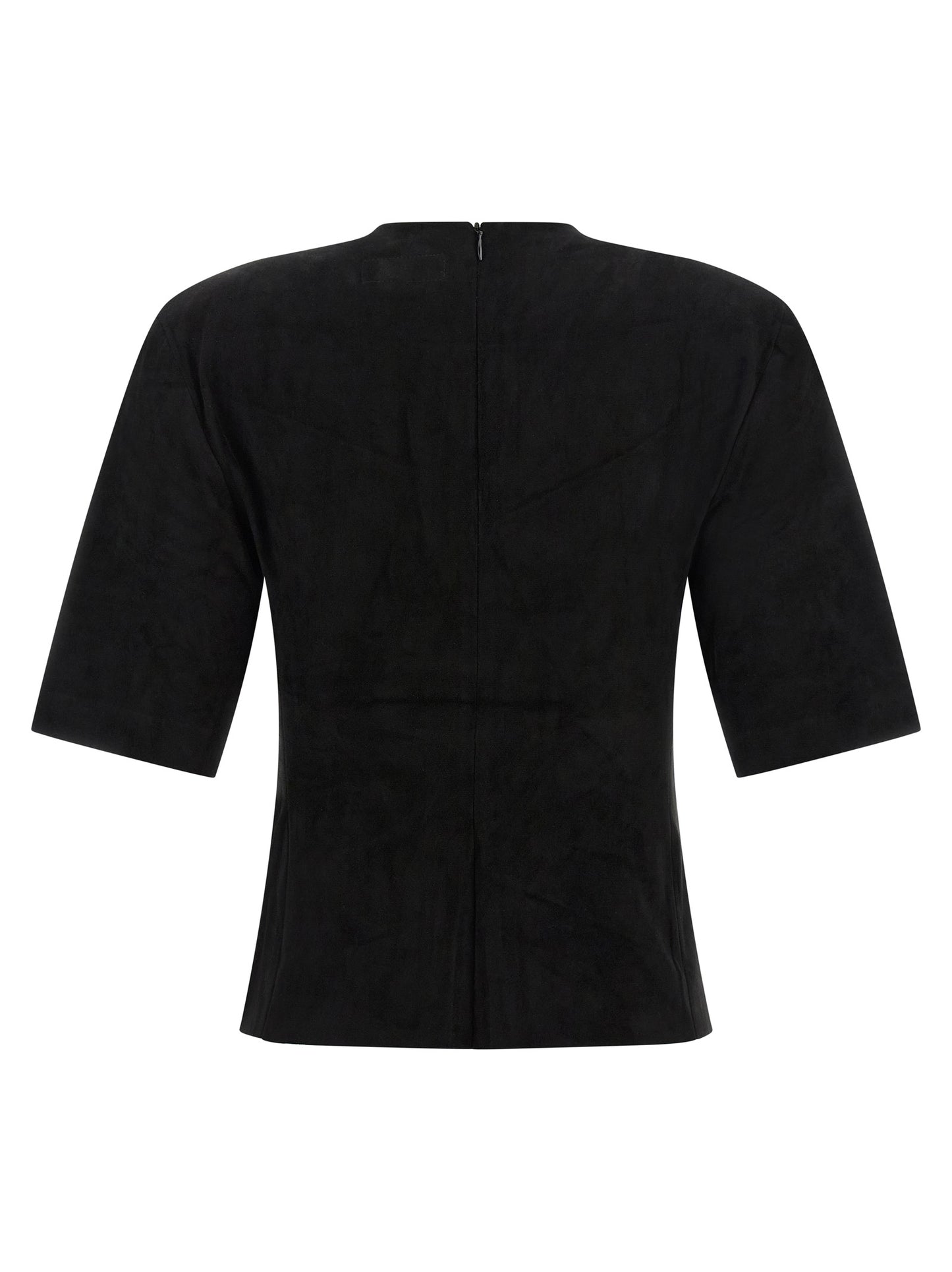 T-Shirt by STOULS for women in suede lamb leather black showcases a dramatic silhouette, elegantly detailed with a dramatic round neckline and for a truly dramatic finish.