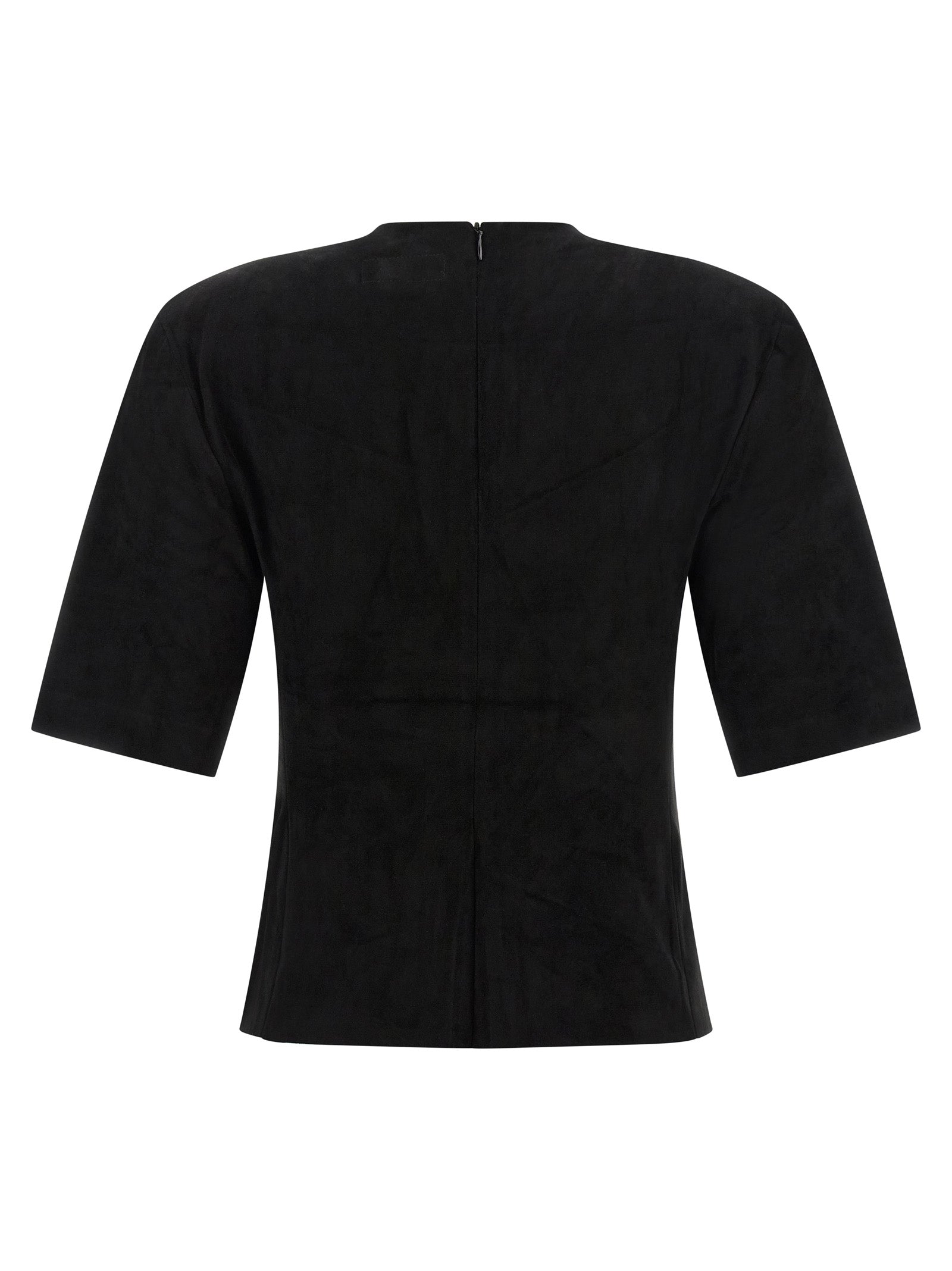 T-Shirt by STOULS for women in suede lamb leather black showcases a dramatic silhouette, elegantly detailed with a dramatic round neckline and for a truly dramatic finish.