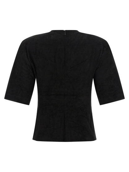 T-Shirt by STOULS for women in suede lamb leather black showcases a dramatic silhouette, elegantly detailed with a dramatic round neckline and for a truly dramatic finish.