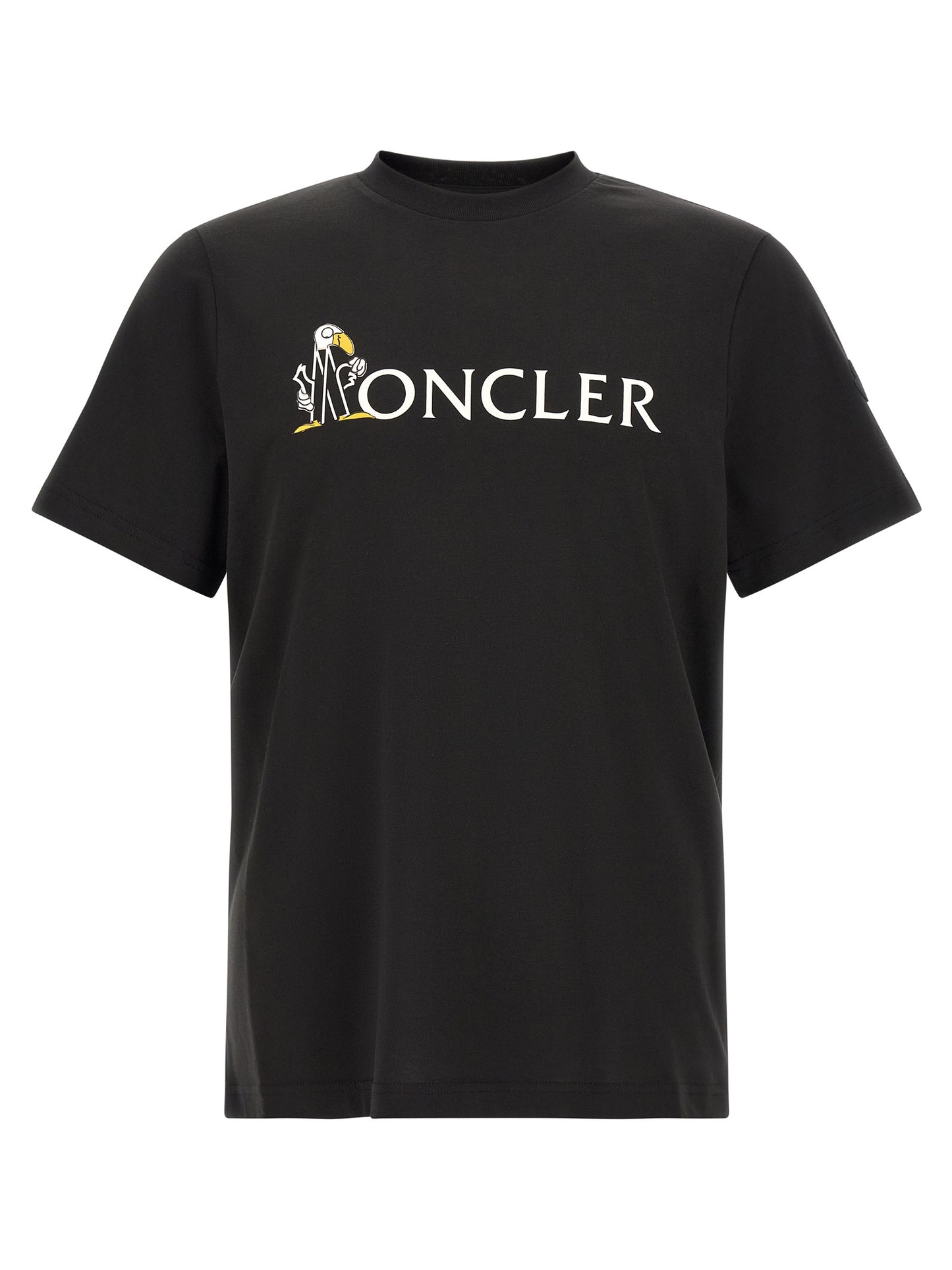T-Shirt by Moncler for men in cotton felt black, white & print features an edgy silhouette, meticulously detailed with a sophisticated short-sleeve and crew neckline for a truly edgy finish.