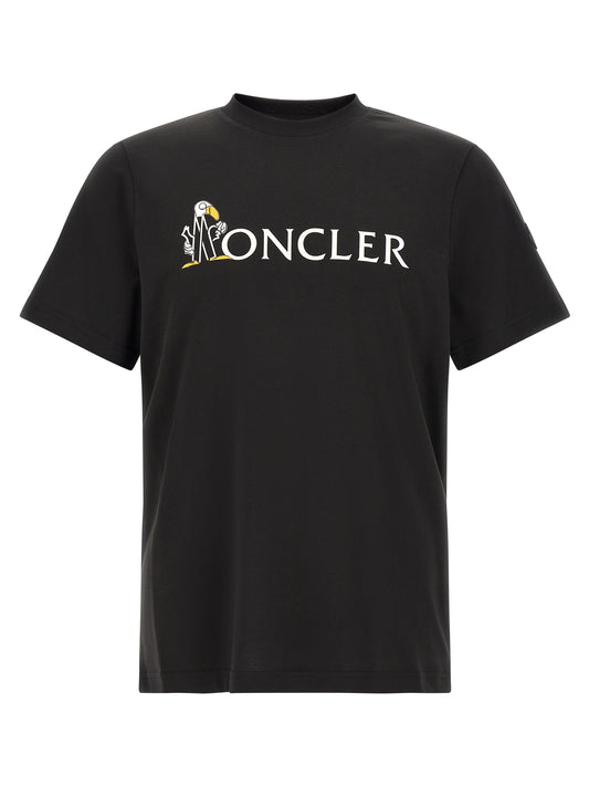T-Shirt by Moncler for men in cotton felt black, white & print features an edgy silhouette, meticulously detailed with a sophisticated short-sleeve and crew neckline for a truly edgy finish.