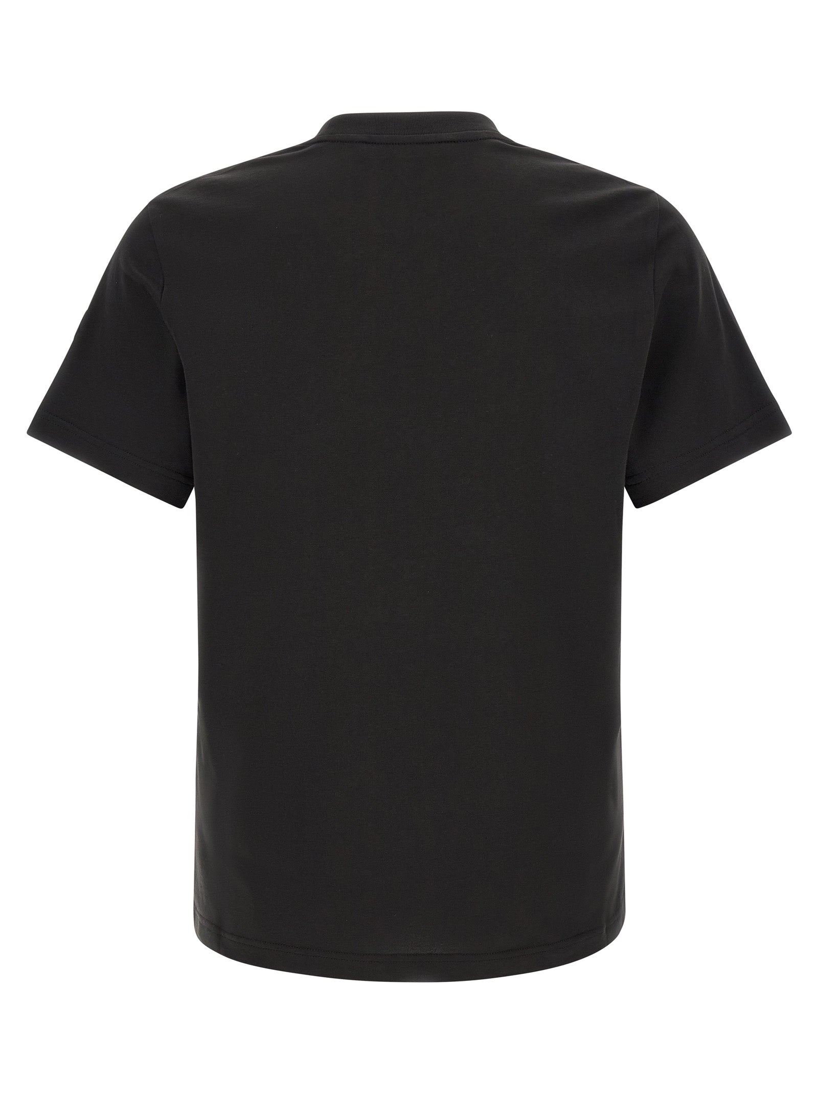 T-Shirt by Moncler for men in cotton felt black, white & print showcases a fashionable silhouette, elegantly detailed with a fashionable and crew neckline for a sophisticated, high-fashion look.