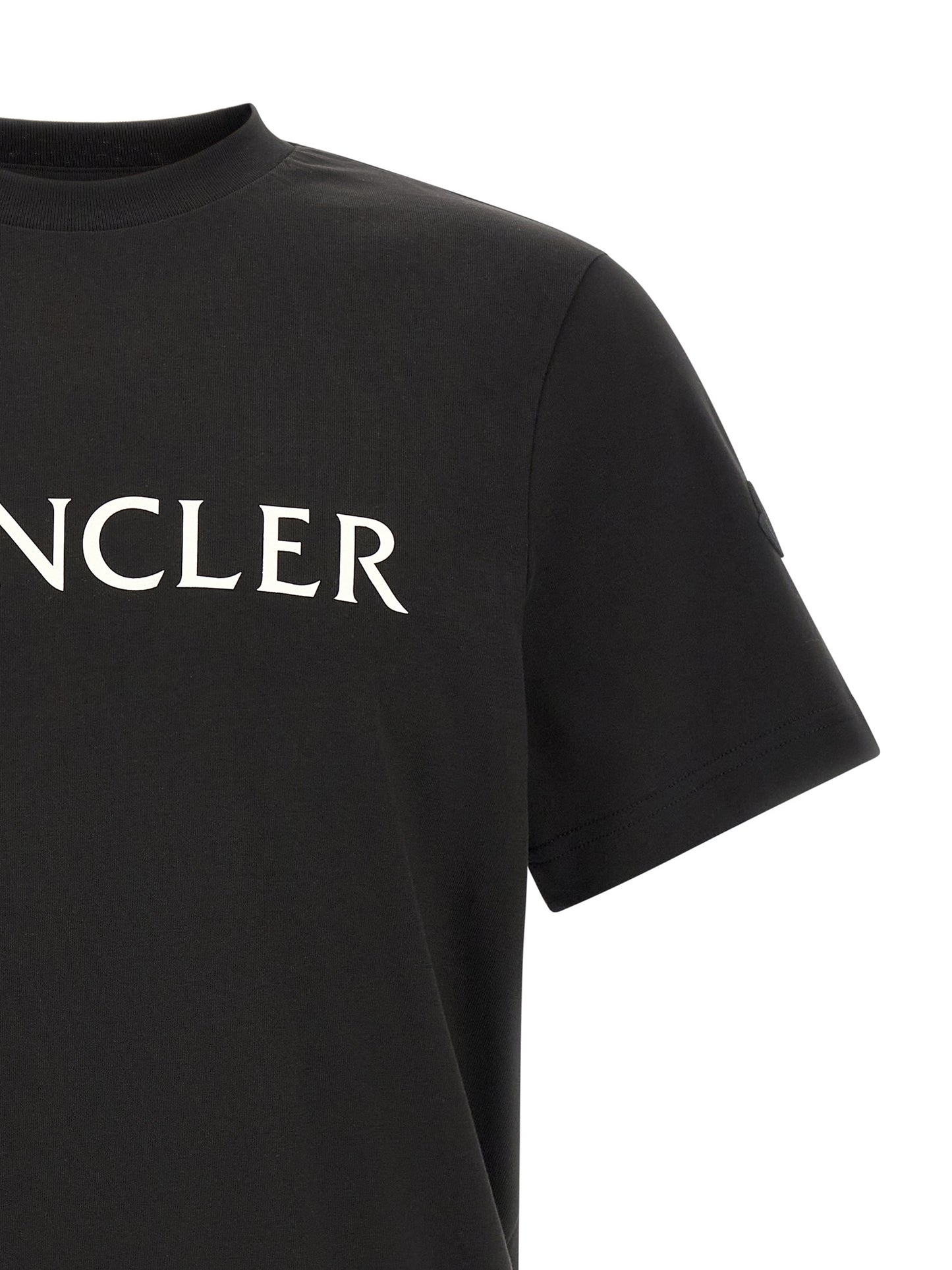T-Shirt by Moncler for men in cotton felt black, white & print features a plush silhouette, showcasing a sophisticated crew neckline and for a truly plush finish.