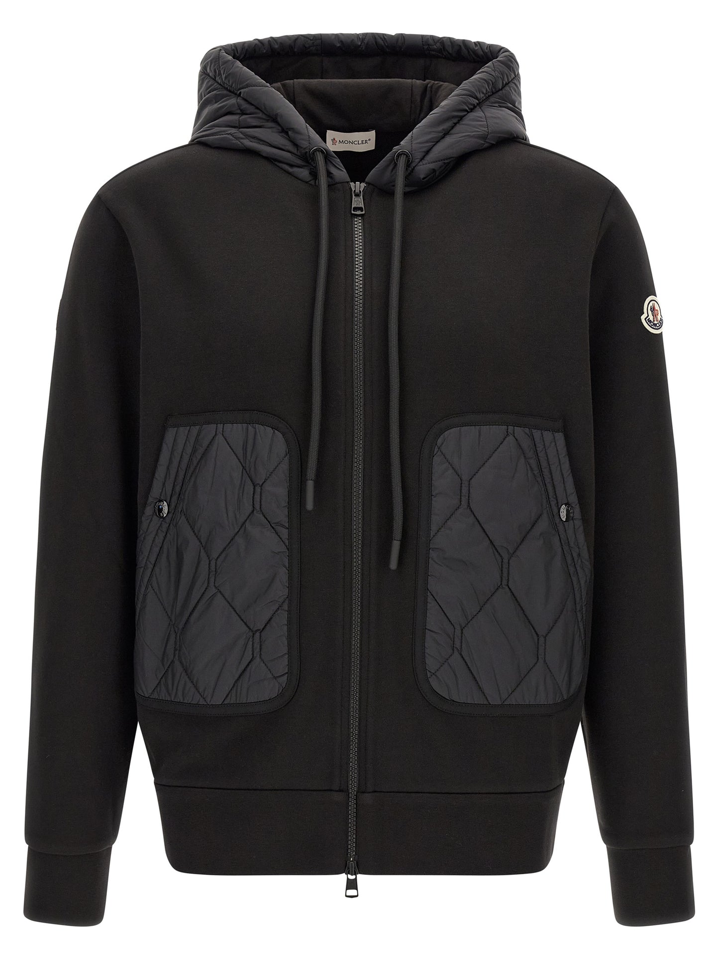 Hooded Cardigan by Moncler for men in nylon & cotton black & patterned features an impeccable silhouette, showcasing a sophisticated hooded neckline and detail for a truly impeccable finish.