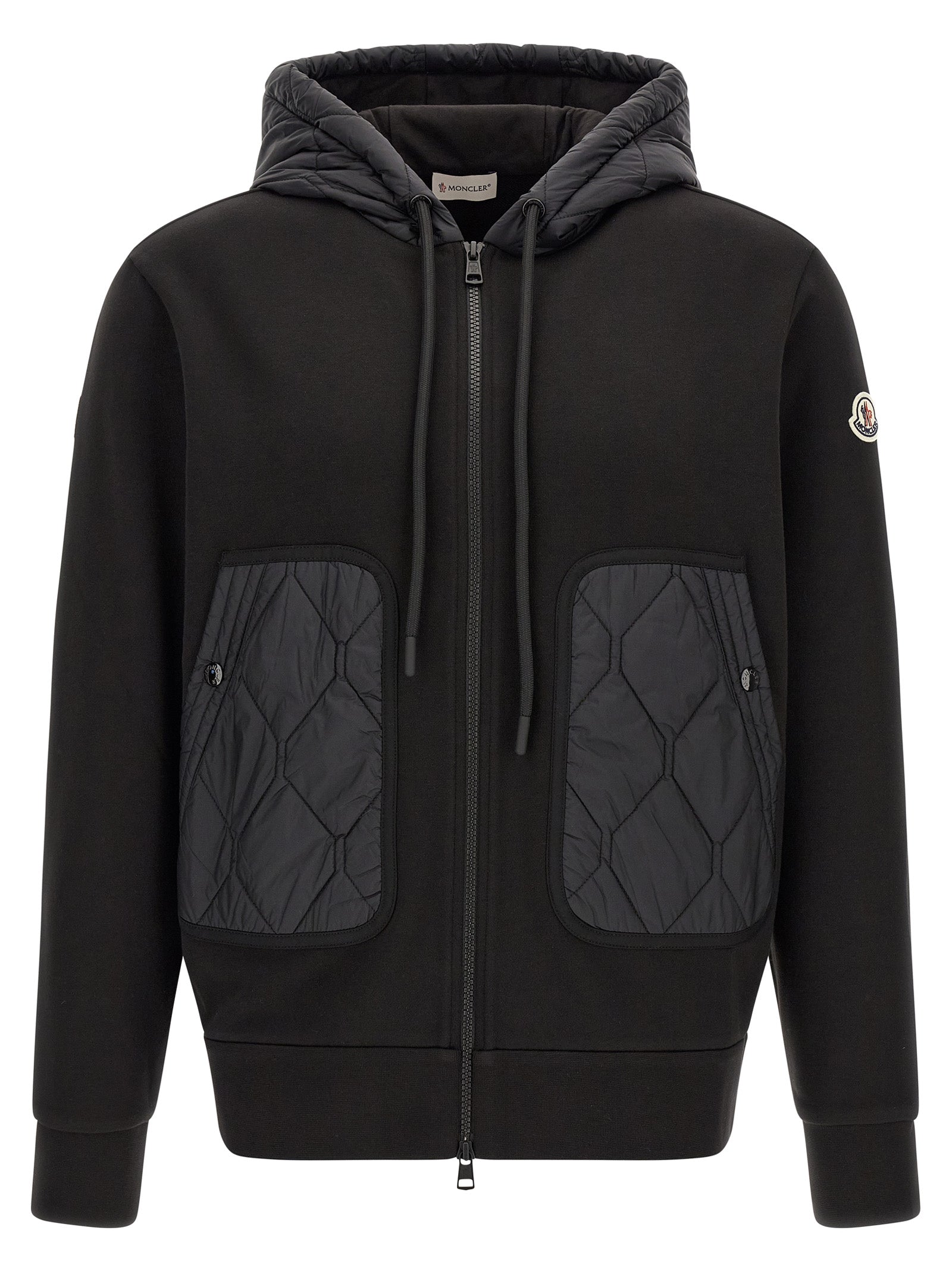 Hooded Cardigan by Moncler for men in nylon & cotton black & patterned features an impeccable silhouette, showcasing a sophisticated hooded neckline and detail for a truly impeccable finish.