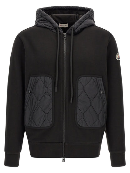 Hooded Cardigan by Moncler for men in nylon & cotton black & patterned features an impeccable silhouette, showcasing a sophisticated hooded neckline and detail for a truly impeccable finish.