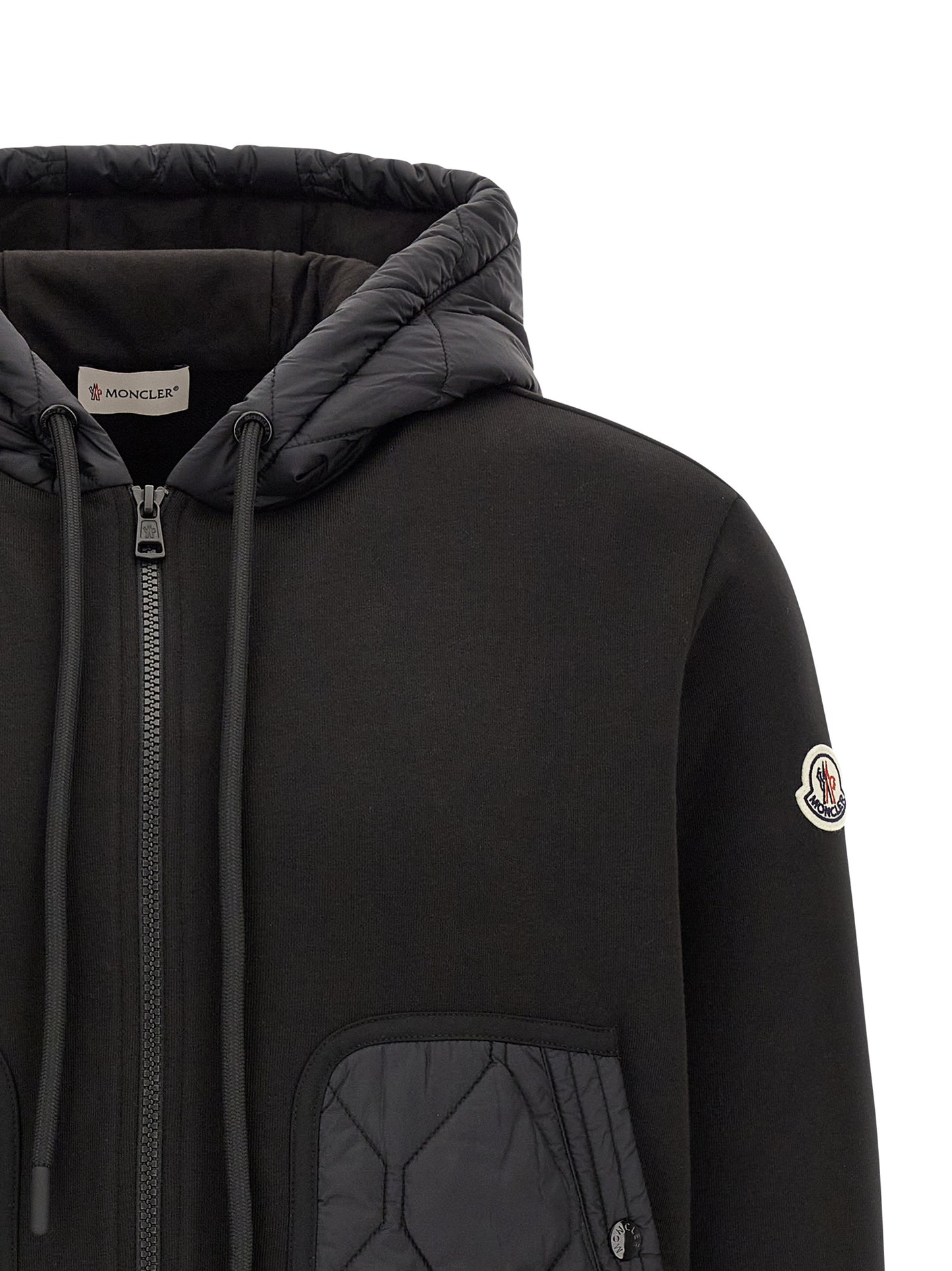 Hooded Cardigan by Moncler for men in nylon & cotton black & patterned presents a textural silhouette, artfully finished with a textural hooded neckline and for a sophisticated, textural look.