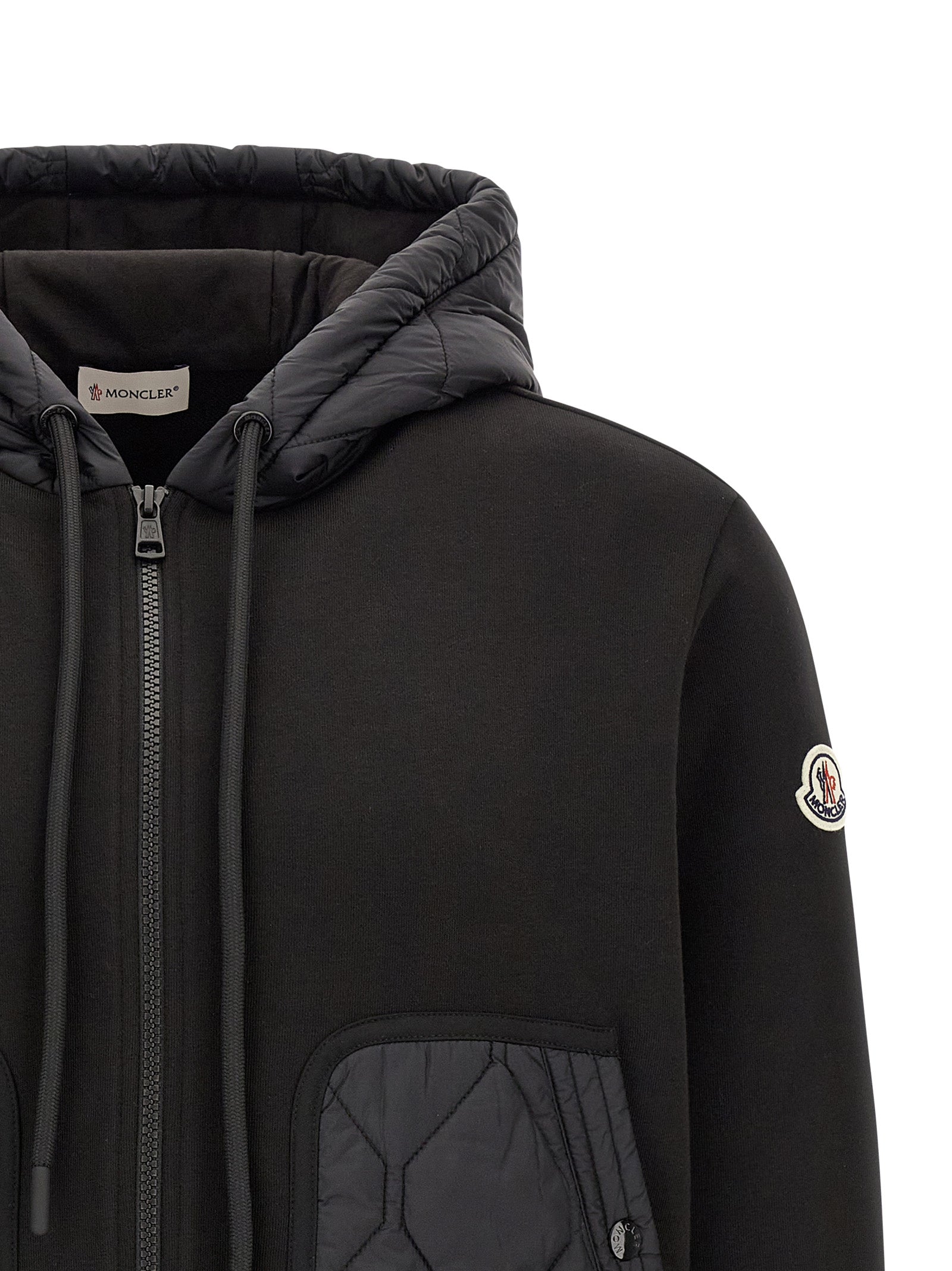 Hooded Cardigan by Moncler for men in nylon & cotton black & patterned presents a textural silhouette, artfully finished with a textural hooded neckline and for a sophisticated, textural look.