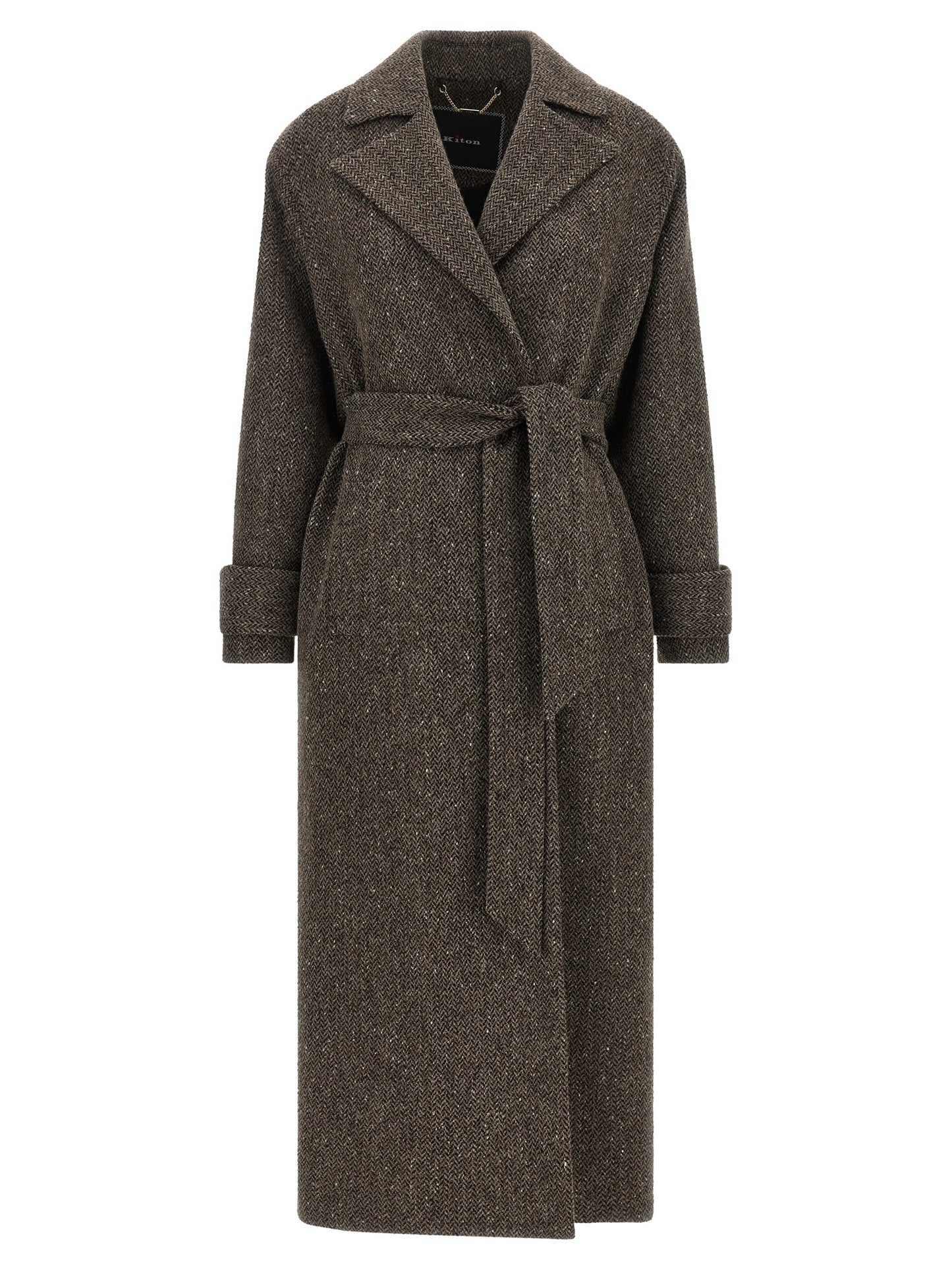 Overcoat by Kiton for women in virgin wool brown & chevron presents a luxurious silhouette, showcasing a luxurious split lapel neckline and sophisticated for a premium, luxurious look.