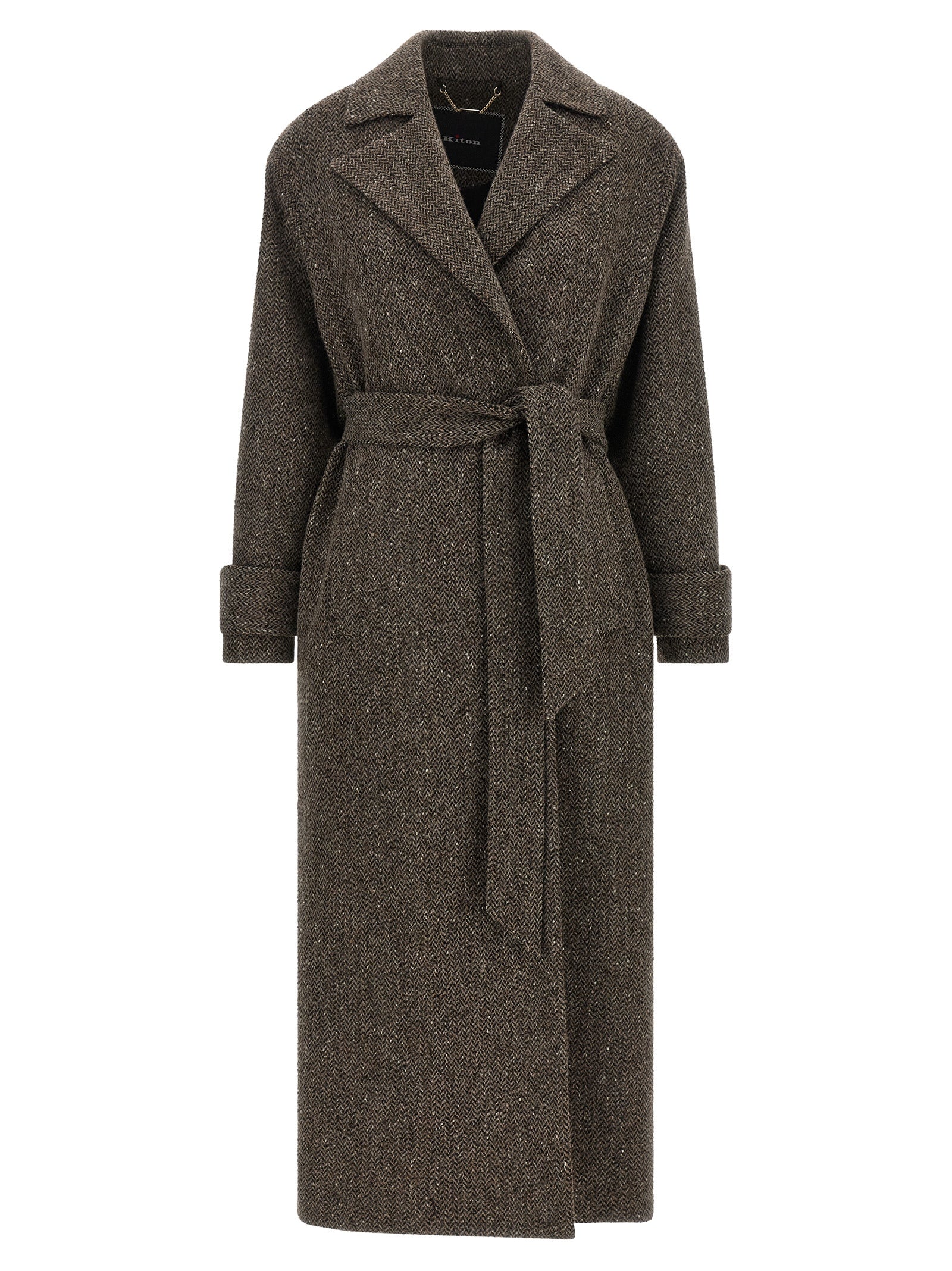 Overcoat by Kiton for women in virgin wool brown & chevron presents a luxurious silhouette, showcasing a luxurious split lapel neckline and sophisticated for a premium, luxurious look.