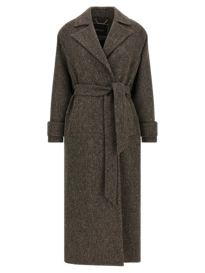 Overcoat by Kiton for women in virgin wool brown & chevron presents a luxurious silhouette, showcasing a luxurious split lapel neckline and sophisticated for a premium, luxurious look.