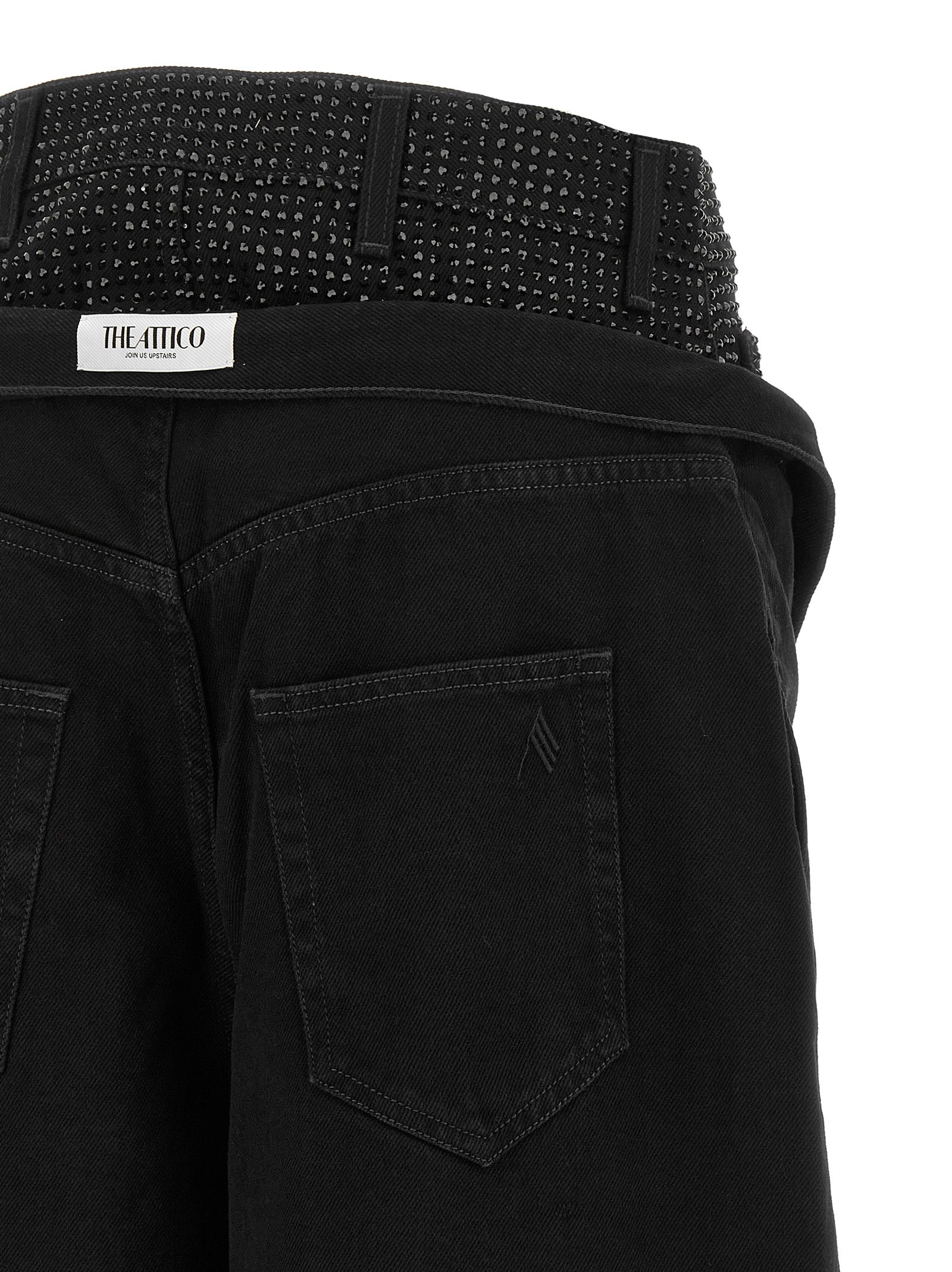 Jeans by The Attico for women in denim cotton black & silver features a polished silhouette with a polished wide & cropped, reaching a polished cropped and finished with a polished .