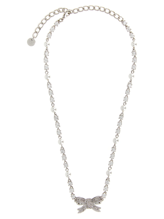 Necklace by Self-Portrait for women in virgin wool and pearl, silver & patterned showcases a radiant silhouette, artfully capturing the elegance of Women's Silver Brass Pearls & Crystal Necklace through its intricate chain necklace design.