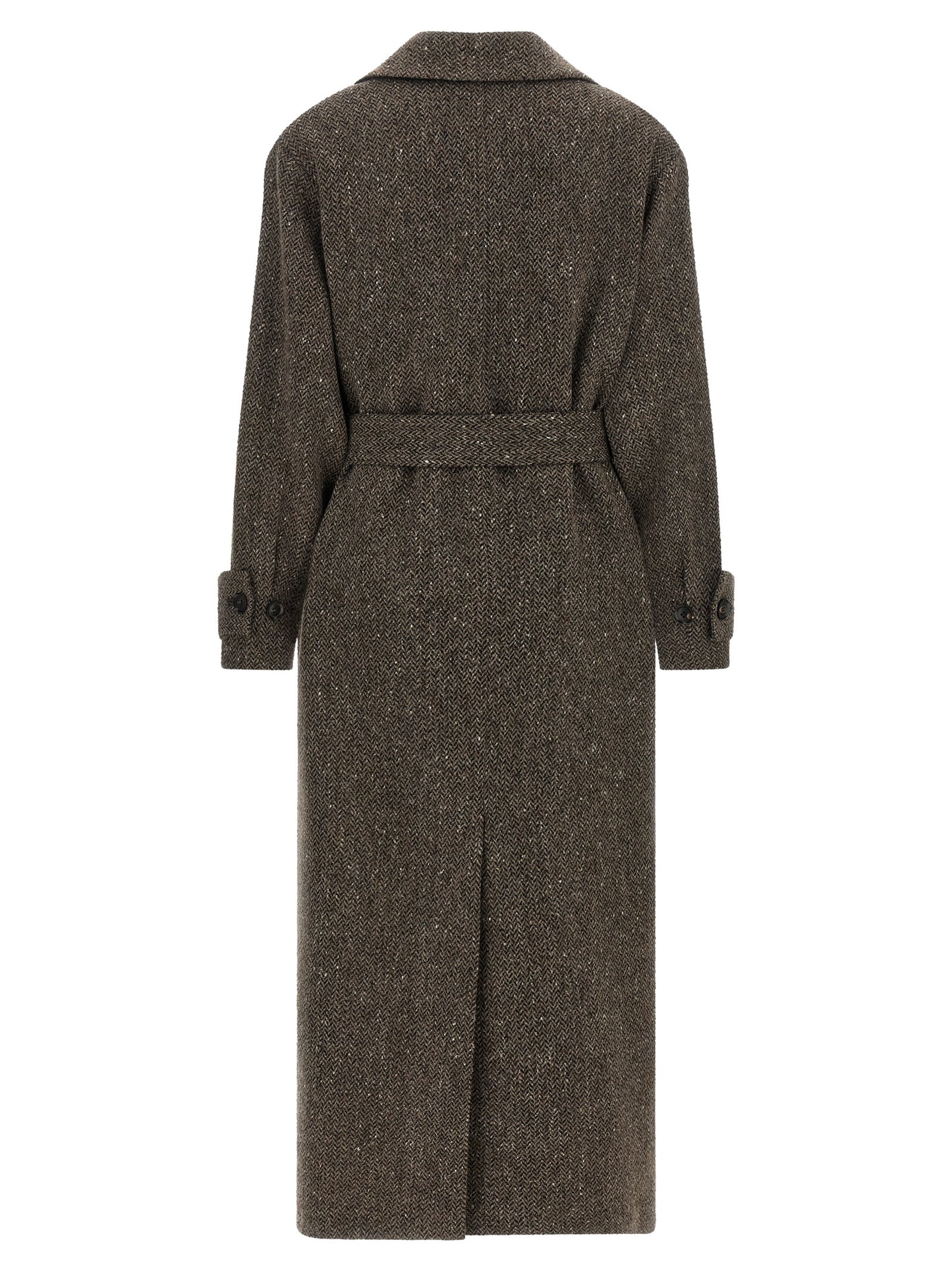 Overcoat by Kiton for women in virgin wool brown & chevron features an voluminous silhouette, showcasing distinct and a voluminous split lapel neckline for a truly voluminous aesthetic.