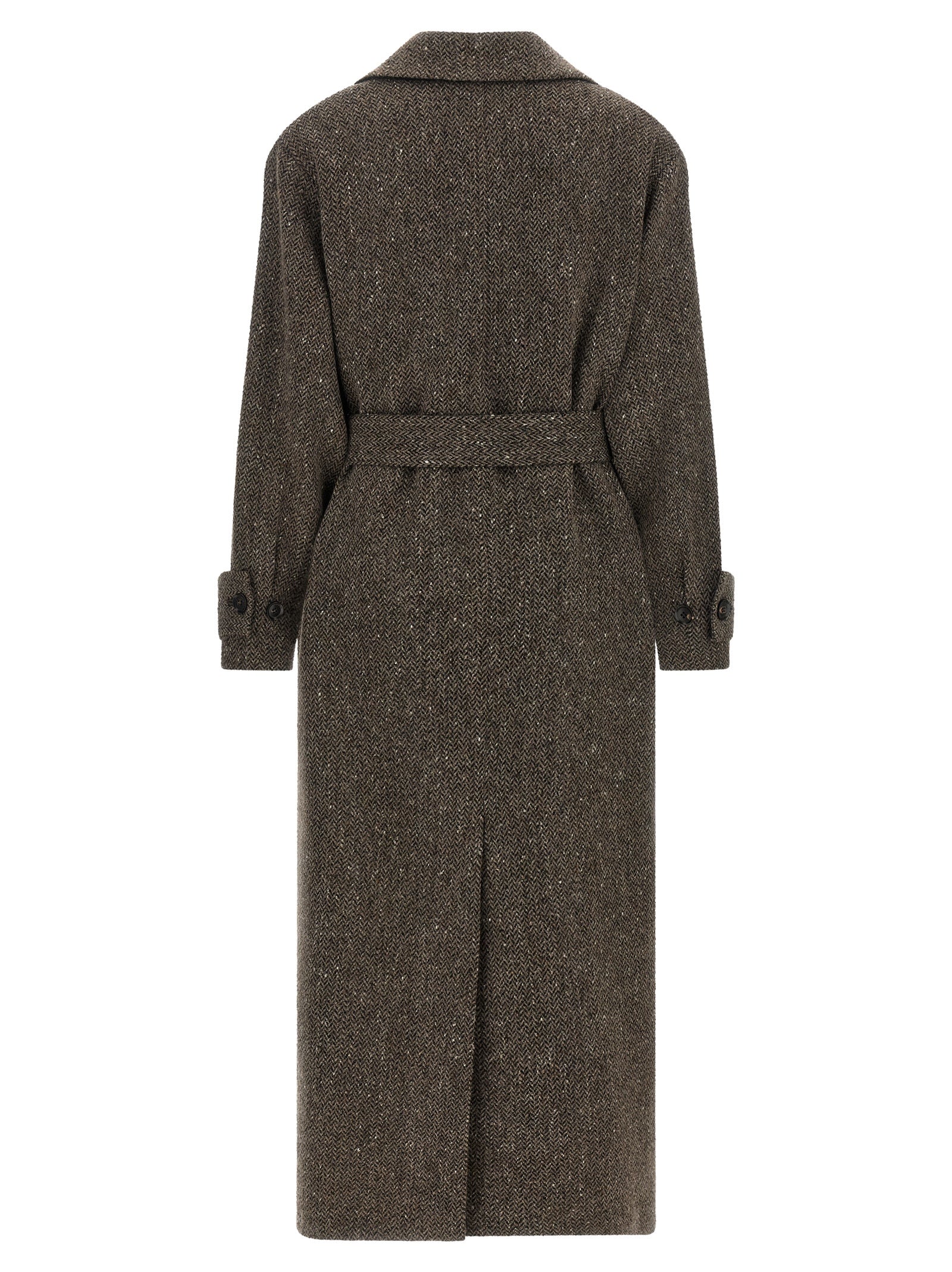 Overcoat by Kiton for women in virgin wool brown & chevron features an voluminous silhouette, showcasing distinct and a voluminous split lapel neckline for a truly voluminous aesthetic.