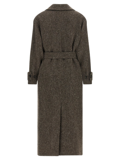 Overcoat by Kiton for women in virgin wool brown & chevron features an voluminous silhouette, showcasing distinct and a voluminous split lapel neckline for a truly voluminous aesthetic.