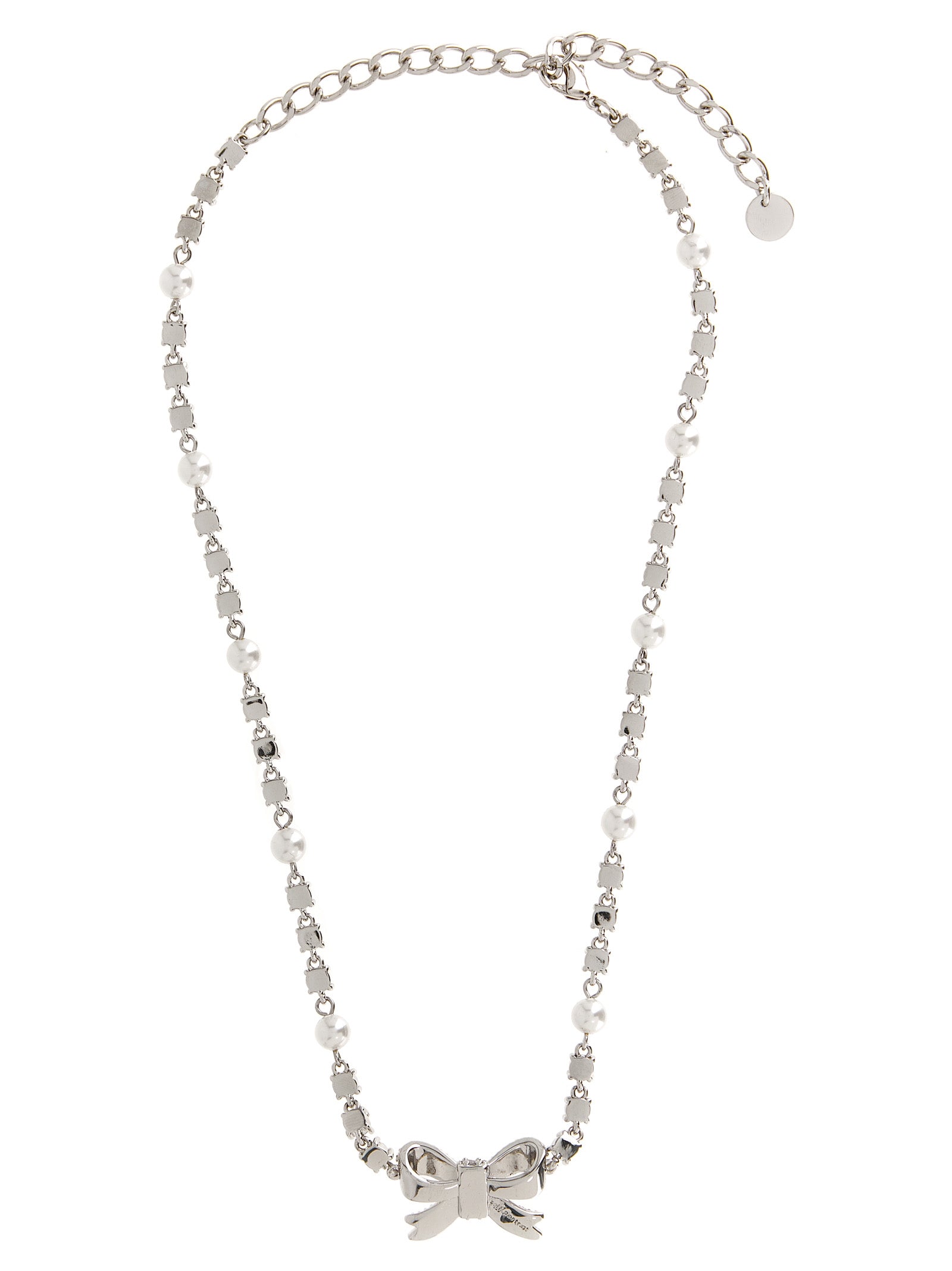 Necklace by Self-Portrait for women in virgin wool pearl, silver & patterned presents a artisanal silhouette, artfully highlighting the chain necklace design and artisanal Women's Silver Brass Pearls & Crystal Necklace aesthetic for a sophisticated finish.