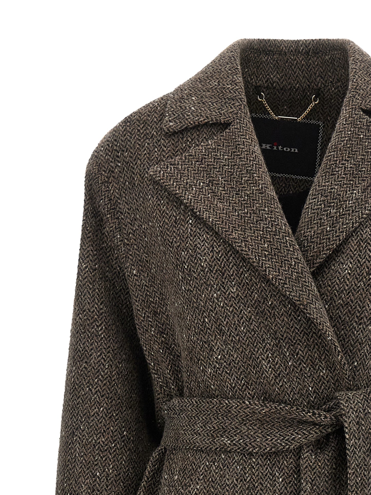 Overcoat by Kiton for women in virgin wool brown & chevron features an satoral silhouette, showcasing a sophisticated split lapel neckline and satoral for a premium, timeless look.