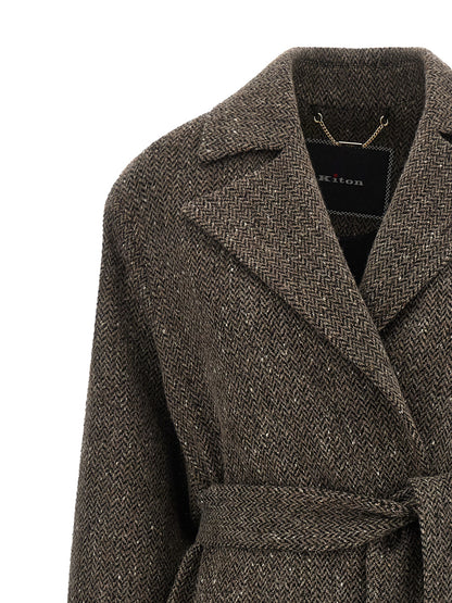 Overcoat by Kiton for women in virgin wool brown & chevron features an satoral silhouette, showcasing a sophisticated split lapel neckline and satoral for a premium, timeless look.