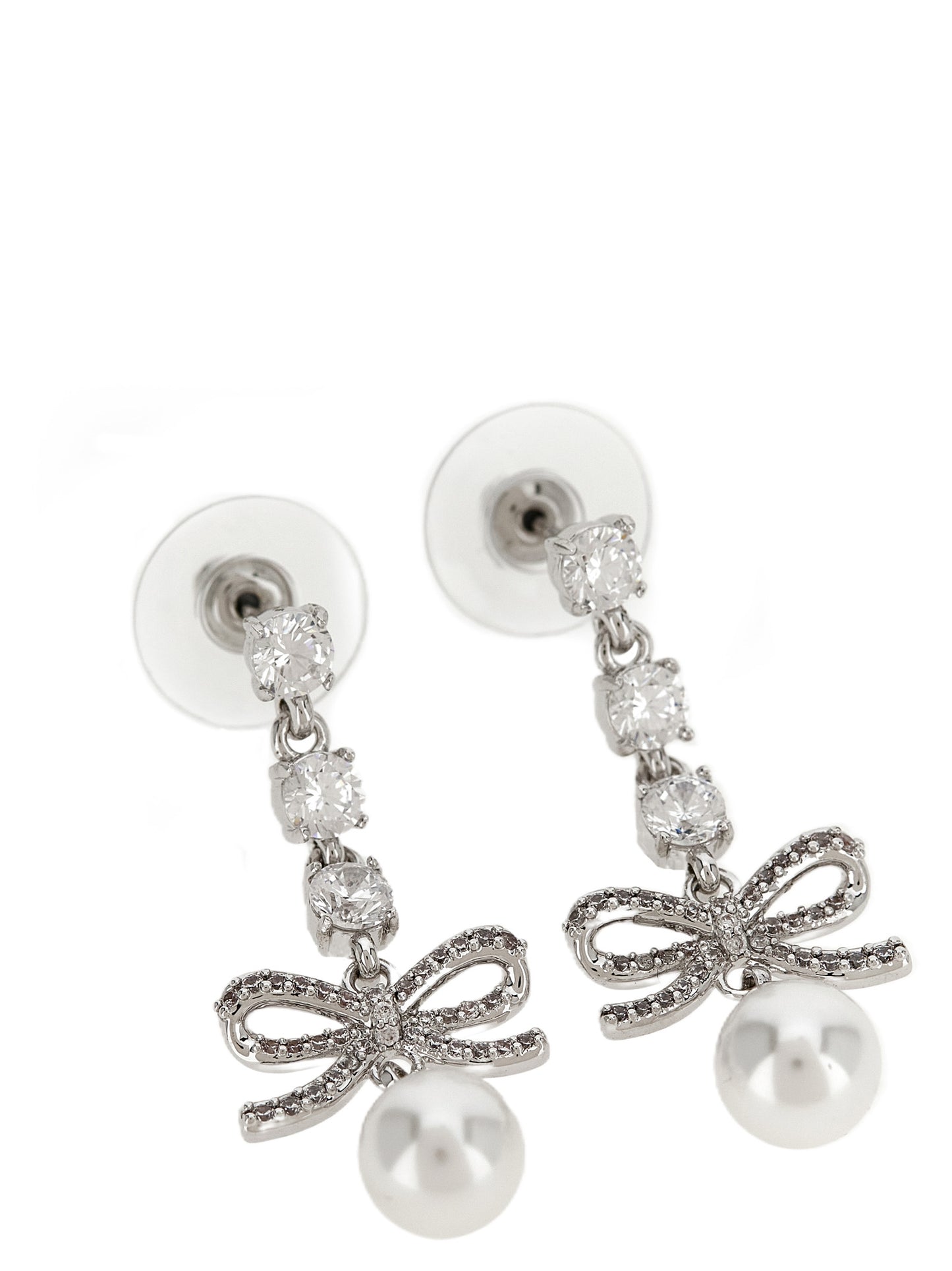 Earrings by Self-Portrait for women in suede lamb leather pearl, silver, white & patterned presents a curated silhouette, artfully showcasing the curated drop teardrop and refined aesthetic of the Women's Drop Teardrop Silver Brass Pearls & Crystal Earrings.