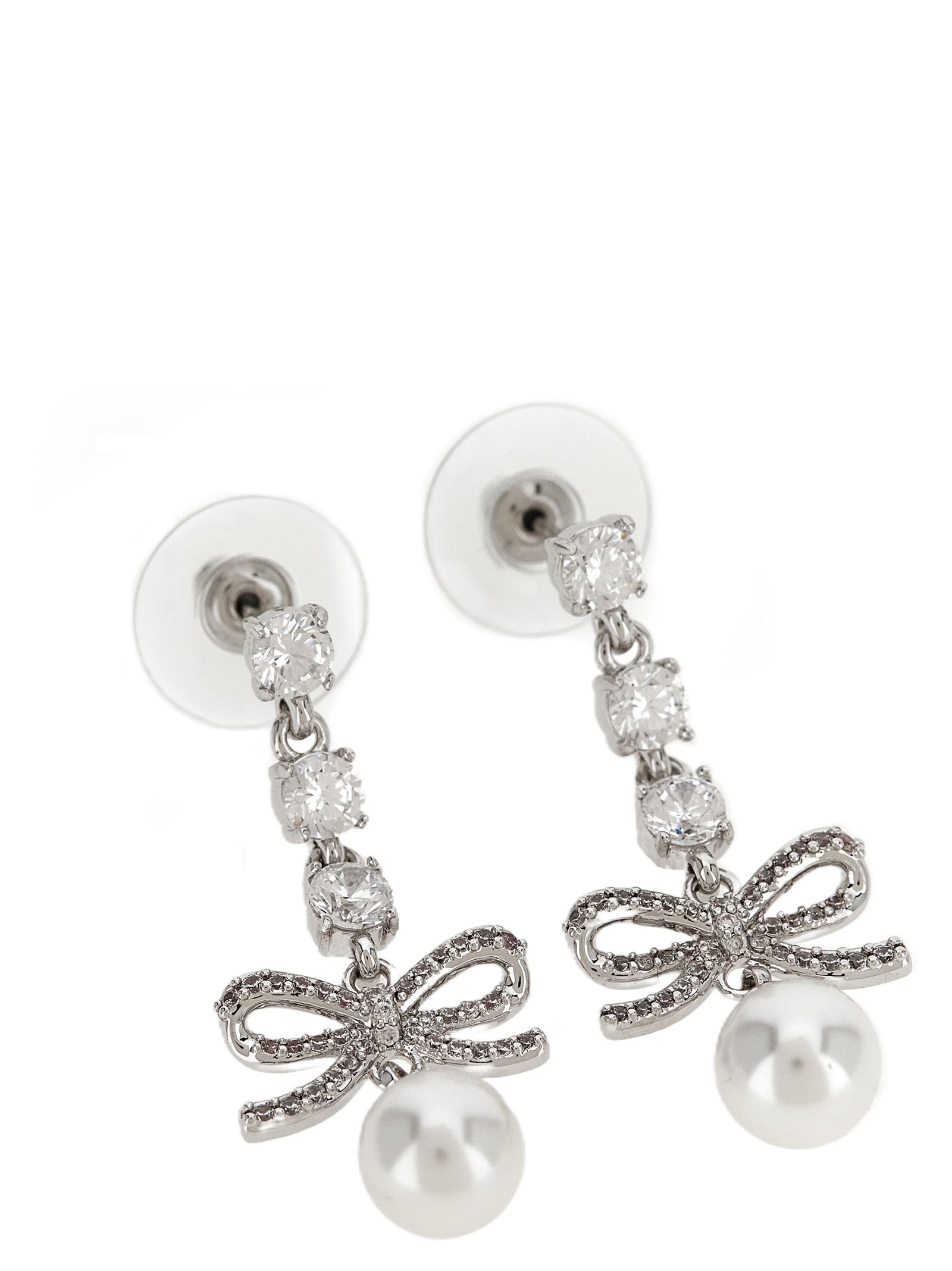 Earrings by Self-Portrait for women in suede lamb leather pearl, silver, white & patterned presents a curated silhouette, artfully showcasing the curated drop teardrop and refined aesthetic of the Women's Drop Teardrop Silver Brass Pearls & Crystal Earrings.