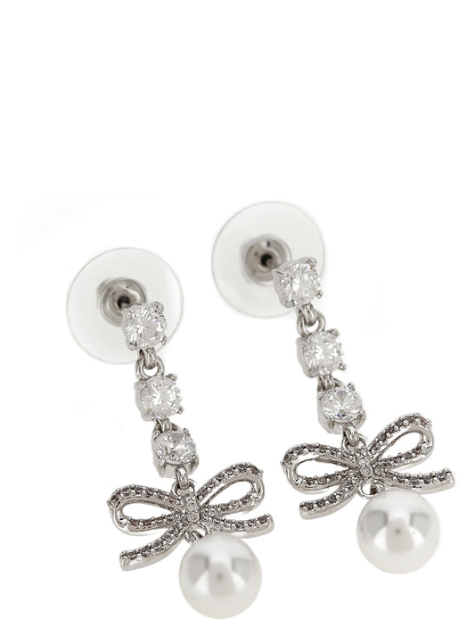Earrings by Self-Portrait for women in suede lamb leather pearl, silver, white & patterned presents a curated silhouette, artfully showcasing the curated drop teardrop and refined aesthetic of the Women's Drop Teardrop Silver Brass Pearls & Crystal Earrings.