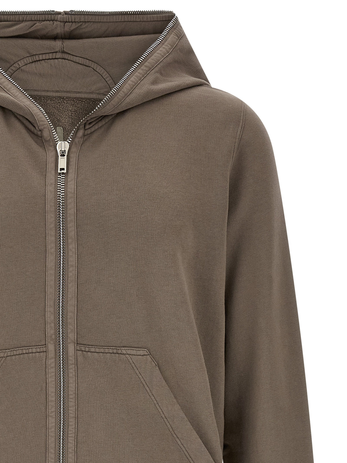 Sweatshirt Hoodie by DRKSHDW for men in cotton black, gray & silver features an dramatic silhouette, showcasing a sophisticated hooded split neckline and dramatic for a refined, modern aesthetic.
