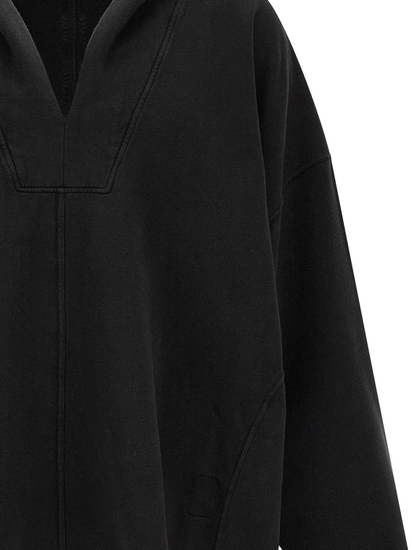 Sweatshirt Hoodie by DRKSHDW for men in organic cotton black features an avant-garde silhouette, showcasing a sophisticated v-neck hooded neckline and detail for a truly avant-garde finish.