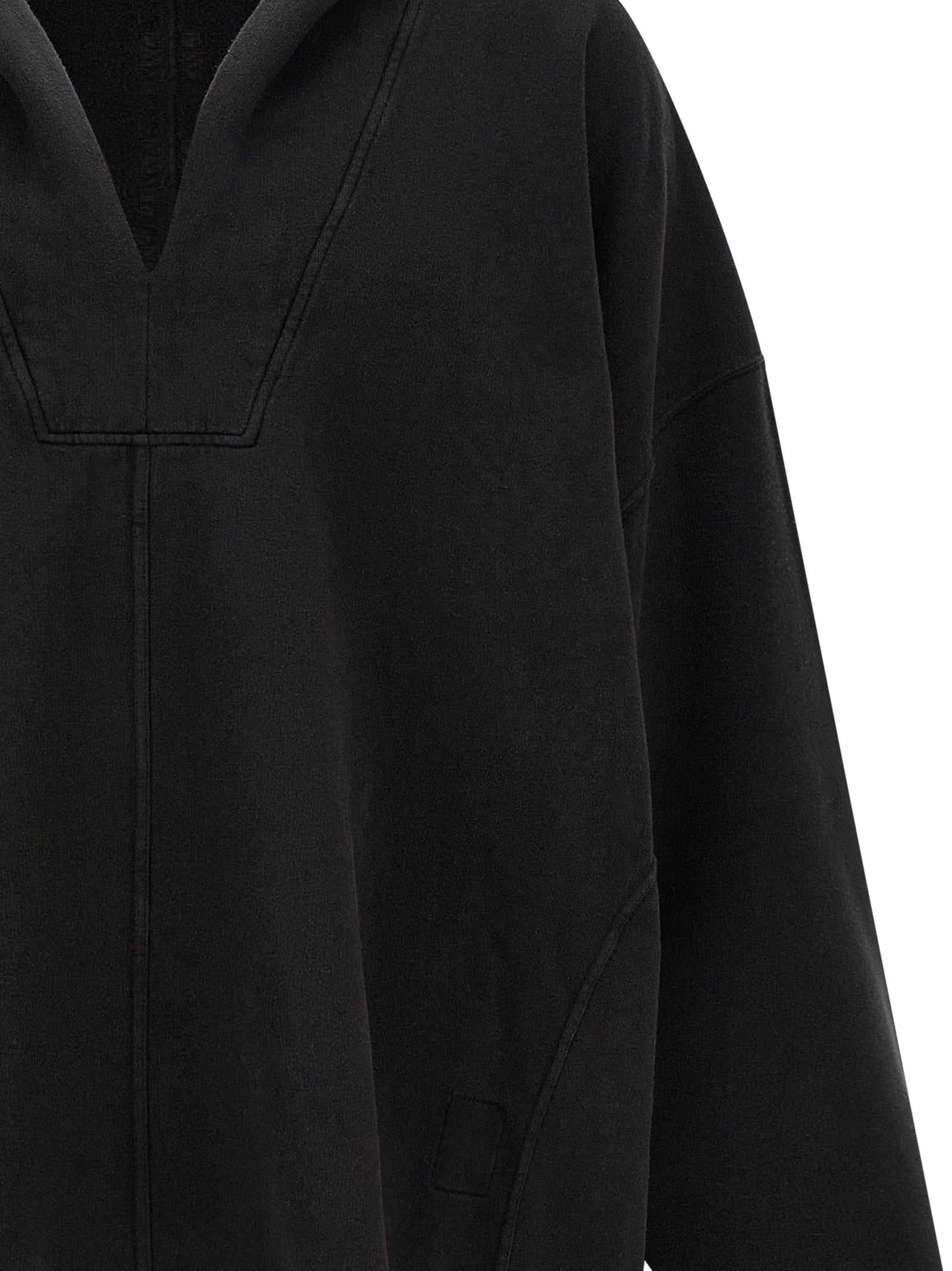 Sweatshirt Hoodie by DRKSHDW for men in organic cotton black features an avant-garde silhouette, showcasing a sophisticated v-neck hooded neckline and detail for a truly avant-garde finish.