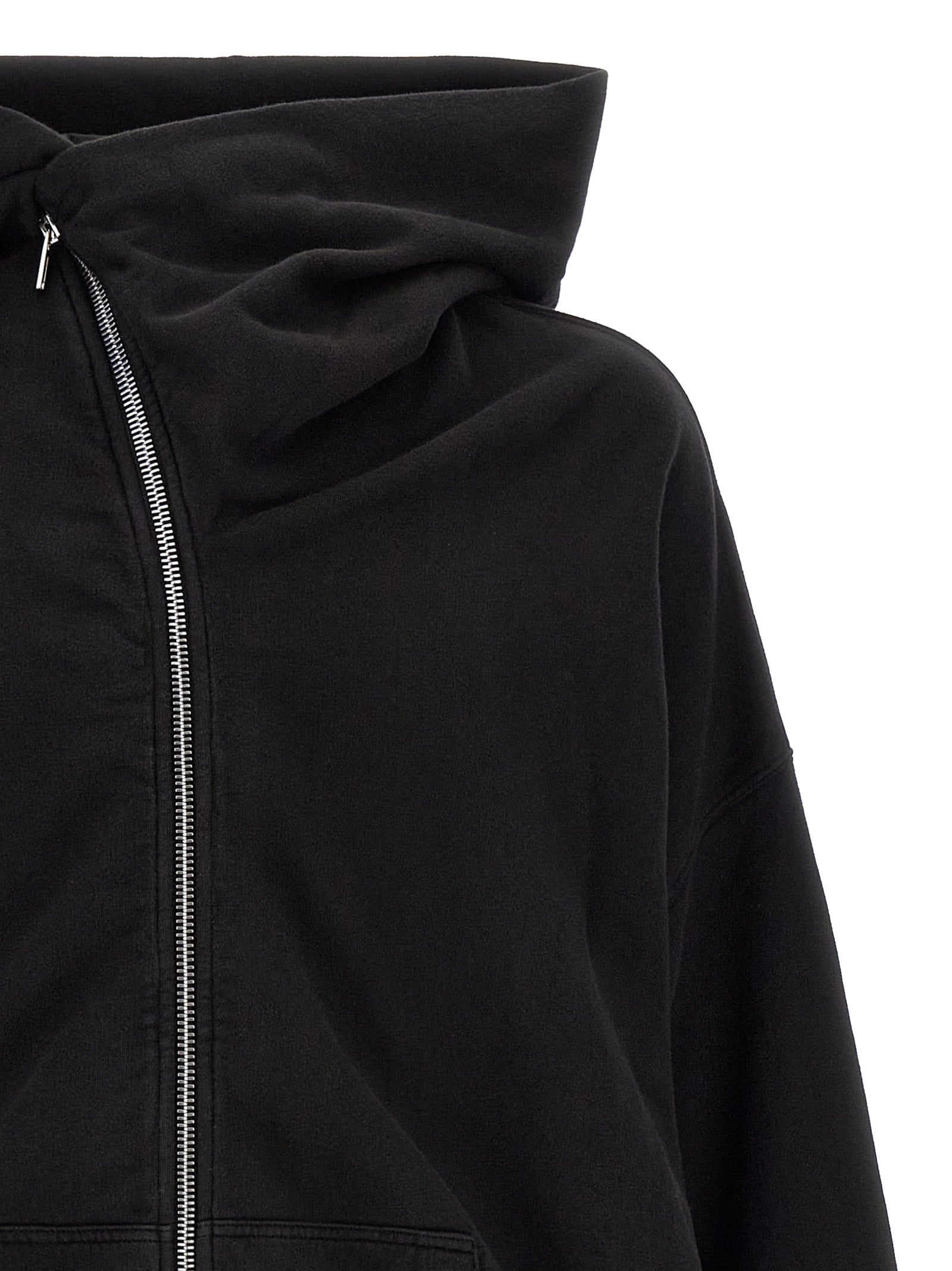 Sweatshirt Hoodie by DRKSHDW for men in organic cotton black & signature features a slouchy chic silhouette, detailed with a slouchy chic and a signature hooded neckline for an elevated aesthetic.