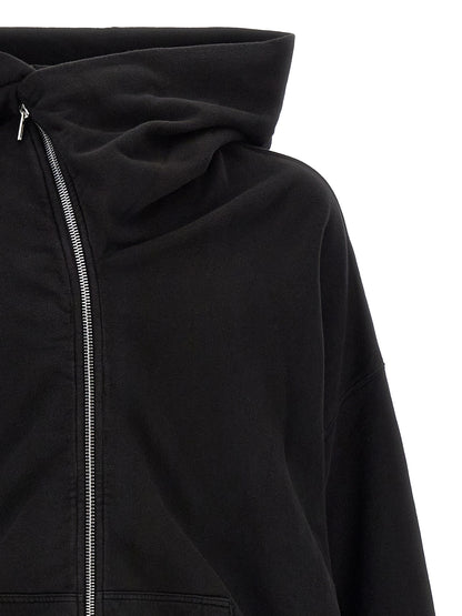 Sweatshirt Hoodie by DRKSHDW for men in organic cotton black & signature features a slouchy chic silhouette, detailed with a slouchy chic and a signature hooded neckline for an elevated aesthetic.