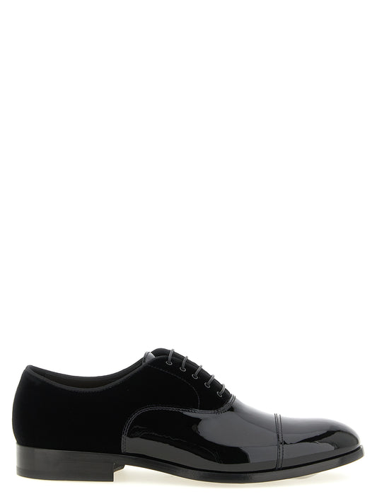 Oxford Lace-Up Shoes by Doucal's for men in patent lamb leather black & yellow features an ergonomic silhouette, perfectly showcasing Play Men's Patent Lamb Leather Oxford Lace-Up Shoes with its distinct and elegant .