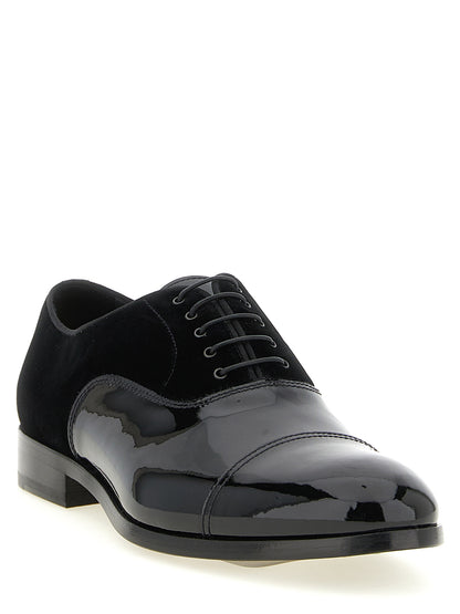 Oxford Lace-Up Shoes by Doucal's for men in patent lamb leather black & yellow features an effortless chic silhouette, showcasing the Play Men's Patent Lamb Leather Oxford Lace-Up Shoes design with an effortless chic and a for a effortless chic look.