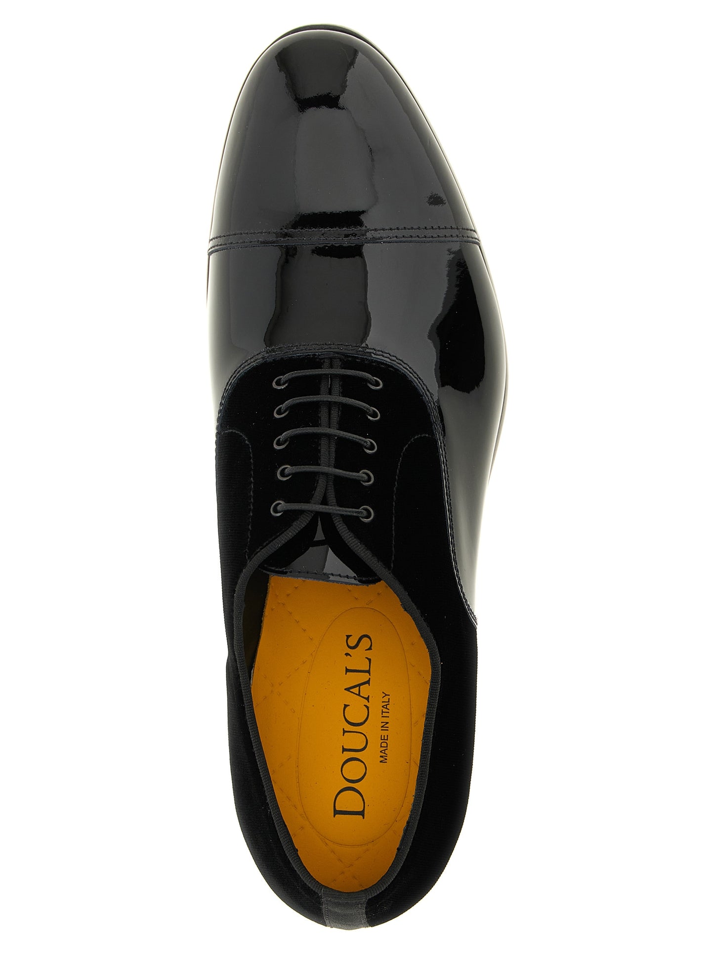 Oxford Lace-Up Shoes by Doucal's for men in patent lamb leather black & yellow showcases a impeccable silhouette as Play Men's Patent Lamb Leather Oxford Lace-Up Shoes, artfully designed with a impeccable and refined for a impeccable finish.
