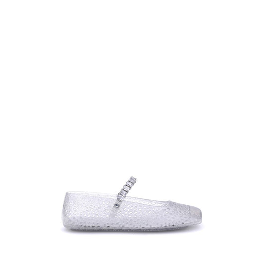 Ballet Flat Shoes by Jimmy Choo for women in tu polyurethane & crystal white features an captivating silhouette, showcasing the captivating style of the Women's TU Polyurethane & Crystal Ballet Flat Shoes with its distinct and refined square toe style.