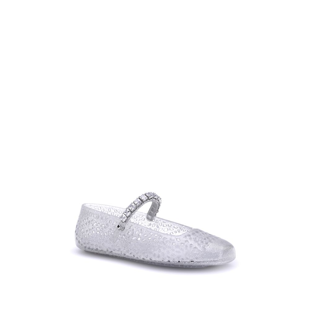 Ballet Flat Shoes by Jimmy Choo for women in tu polyurethane & crystal white presents a effortless chic silhouette, showcasing the Women's TU Polyurethane & Crystal Ballet Flat Shoes design with a effortless chic and square toe style for a sophisticated look.