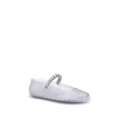 Ballet Flat Shoes by Jimmy Choo for women in tu polyurethane & crystal white presents a effortless chic silhouette, showcasing the Women's TU Polyurethane & Crystal Ballet Flat Shoes design with a effortless chic and square toe style for a sophisticated look.