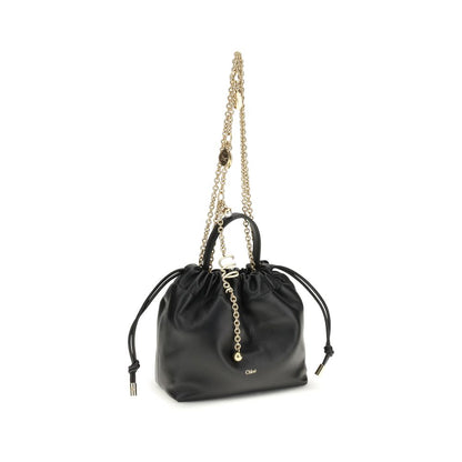 Compact Drawstring Shoulder Bag by Chloé for women in bos taurus nappa leather black, gold & signature presents a versatile silhouette, showcasing a secure drawstring and versatile with versatile shoulder-strap & handle for a sophisticated look.