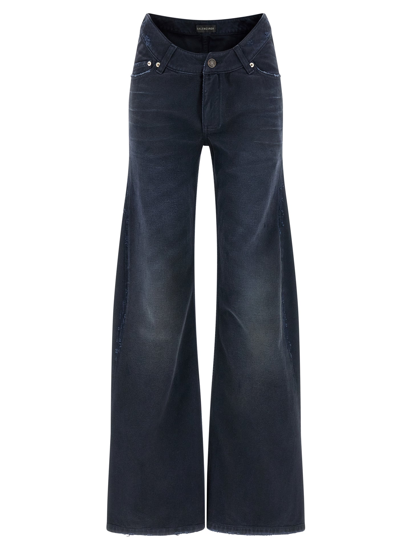Jeans by Balenciaga for women in denim cotton blue features a polished silhouette with a polished flared & wide, reaching a polished long and finished with a polished .