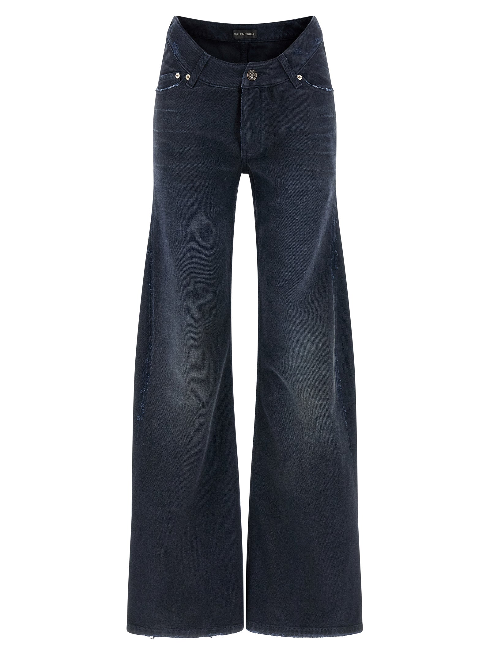 Jeans by Balenciaga for women in denim cotton blue features a polished silhouette with a polished flared & wide, reaching a polished long and finished with a polished .