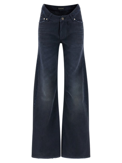 Jeans by Balenciaga for women in denim cotton blue features a polished silhouette with a polished flared & wide, reaching a polished long and finished with a polished .